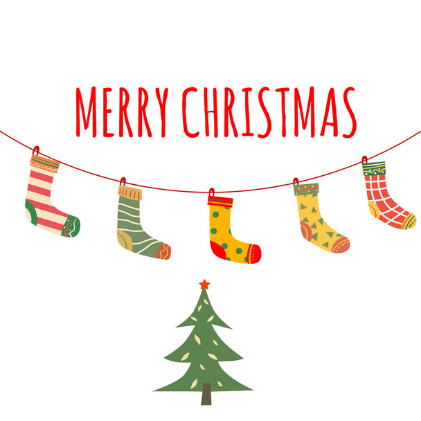 クリスマスソックスは、異なるデザインでぶら下がっています。伝統的なヴィンテージ装飾雪の背景、バナー、イラスト、ベクトル、カード、ポスター、バナー - ベクター画像