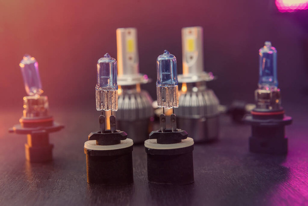 Varias bombillas de hielo modernas para faros automáticos. Avances científicos en la fabricación de luces para automóviles - Foto, imagen