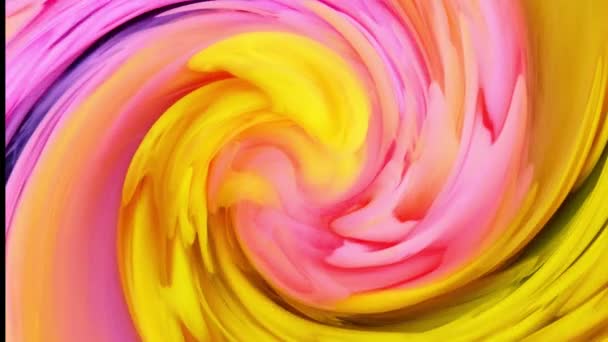 流れるような効果を持つピンクと黄色のアクリルテクスチャ。液体塗料スプラッシュや渦とアートワークを混合。黒の背景 - 映像、動画
