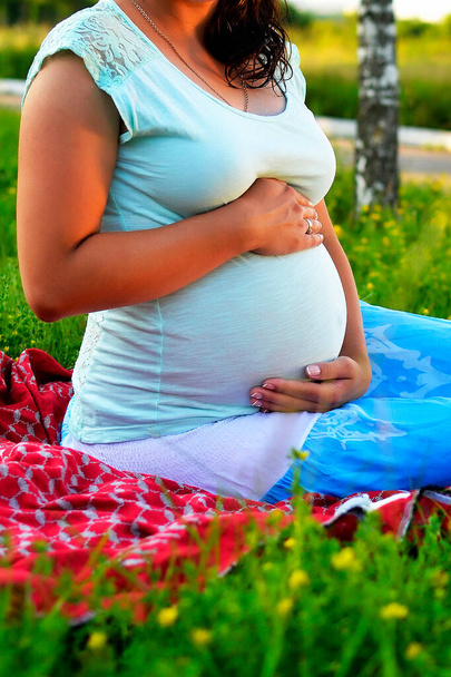 těhotná žena s bříškem sedí na červené dece v trávě - Fotografie, Obrázek