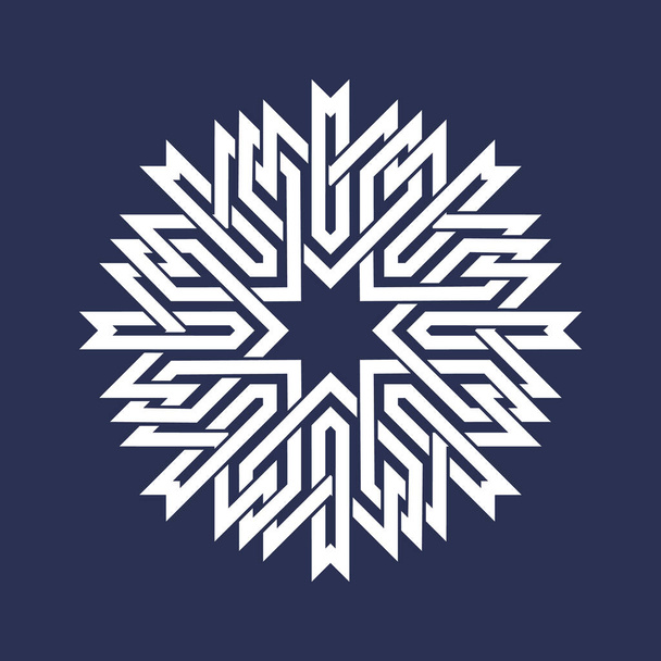 Modello circolare in stile asiatico intersecante linee. Mandala bianco a otto punte in forma di fiocco di neve su sfondo blu. - Vettoriali, immagini