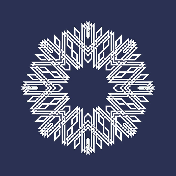 Eight pointed circular pattern in Oriental intersecting lines style. White mandala in snowflakes form on blue background. - Vector, Image