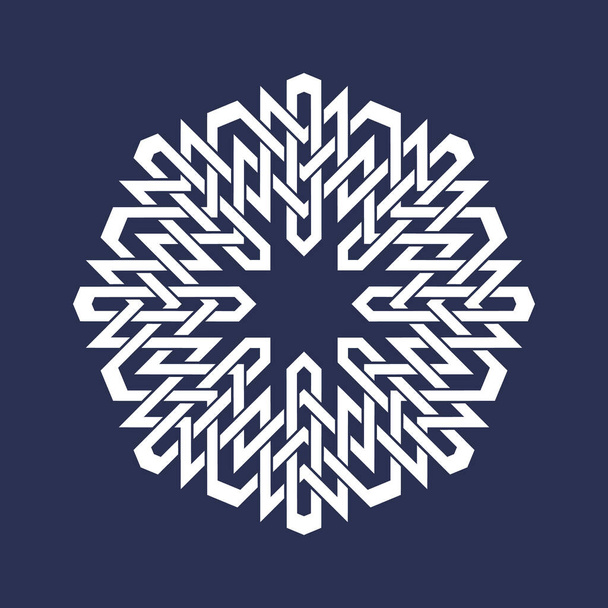 Acht spitz zulaufende kreisförmige Muster im orientalischen Schnittlinienstil. Weißes Mandala in Schneeflocken-Form auf blauem Hintergrund. - Vektor, Bild