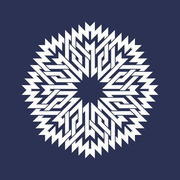 Patrón circular de ocho puntas en estilo de líneas intersecantes orientales. Mandala blanco en forma de copos de nieve sobre fondo azul. - Vector, imagen