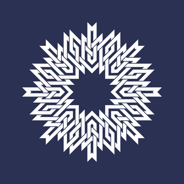 Circular pattern in Asian intersecting lines style. White eight pointed mandala in snowflake form on blue background. - Vector, Image