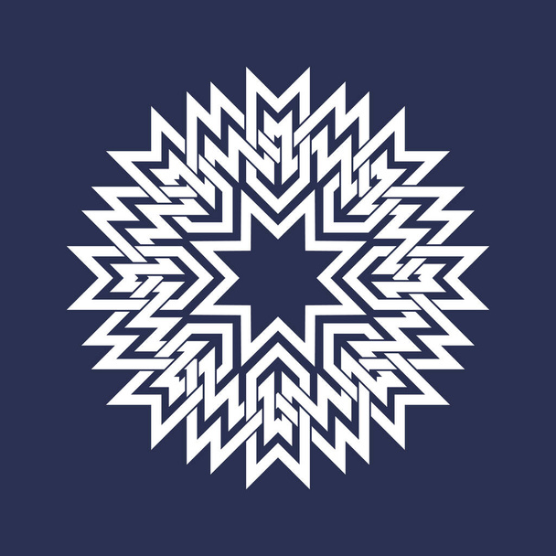 Patrón circular en estilo de líneas intersecantes asiáticas. Mandala blanco de ocho puntas en forma de copo de nieve sobre fondo azul. - Vector, imagen