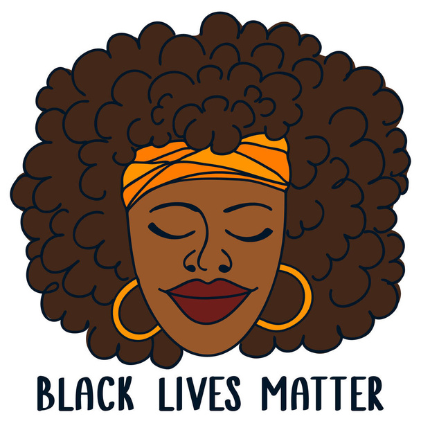 Twarz czarnej kobiety z zamkniętymi oczami i czarnymi kręconymi włosami. Ilustracja wektora w stylu bazgrołów. Zwrot "Black Lives Matter" izolowany na białym tle. Zagadnienia społeczne osób czarnych. - Wektor, obraz