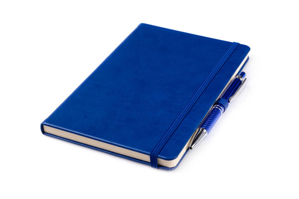 Blue notebook with pen isolated on white background - Фото, зображення