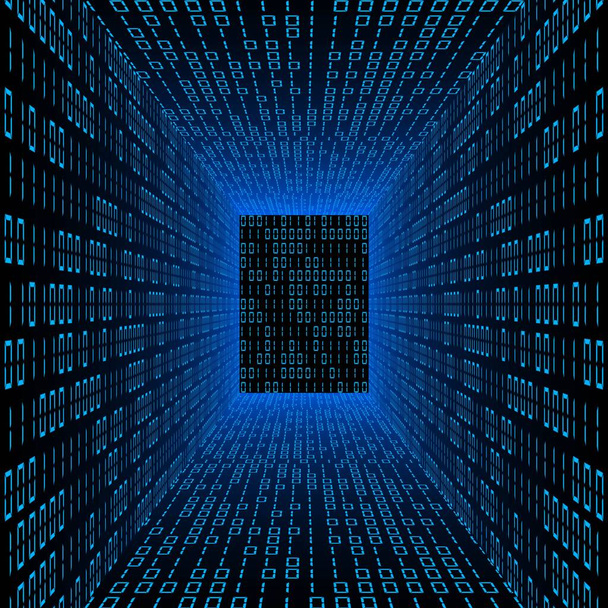 Fundo de fluxo de dados abstrato - sala azul brilhante com paredes feitas de dígitos de código binário - ilustração 3D - Foto, Imagem