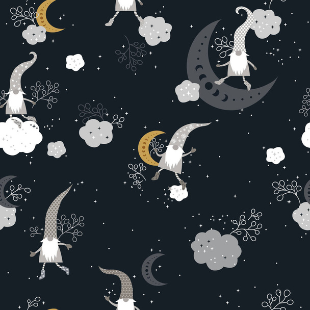 Beautiful Seamless Pattern with Gnomes, Moon and Stars - Vektor, obrázek