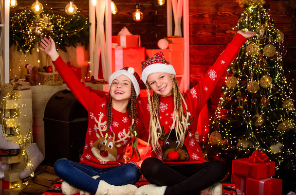 Happy holidays. Fun and cheer. Joyful christmas. Best friends forever. Lovely kids. Children cheerful christmas eve. Happiness joy. Friendship concept. Girls friends soulmates celebrate christmas - Foto, imagen