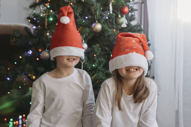 Merry Christmas and New Year. Cute brother with sister, boy and girl have fun under the Christmas tree. Children with Christmas hats on their faces. Faceless. - Photo, Image