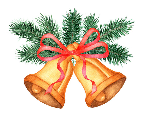 Decoración para Navidad y Año Nuevo. Ilustración en acuarela de campanas decoradas con ramas de abeto y cinta roja. Aislado sobre fondo blanco. Dibujado a mano. - Foto, imagen