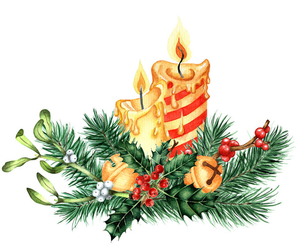 Декор на Різдво та Новий рік. Акварельна ілюстрація свічок, прикрашених ялиновими гілками, голлі, ільек, тумблер і дзвони. Ізольовані на білому тлі. Малюнок вручну
. - Фото, зображення