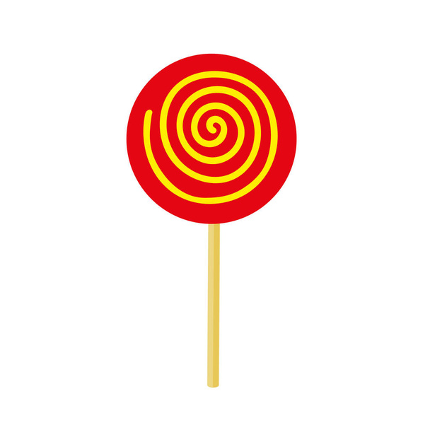 Piruleta redonda, roja en forma de espiral sobre un palo sobre un fondo blanco.  - Vector, Imagen