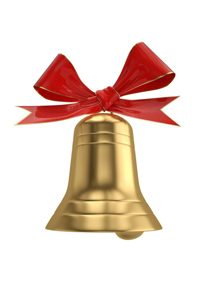 Gold jingle bell with ribbon  isolated on white background. 3D illustration. - Фото, зображення