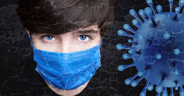 Cold, flu, virus, tonsillitis, respiratory disease, quarantine, epidemic concept. boy with medical mask on a black background - Фото, изображение