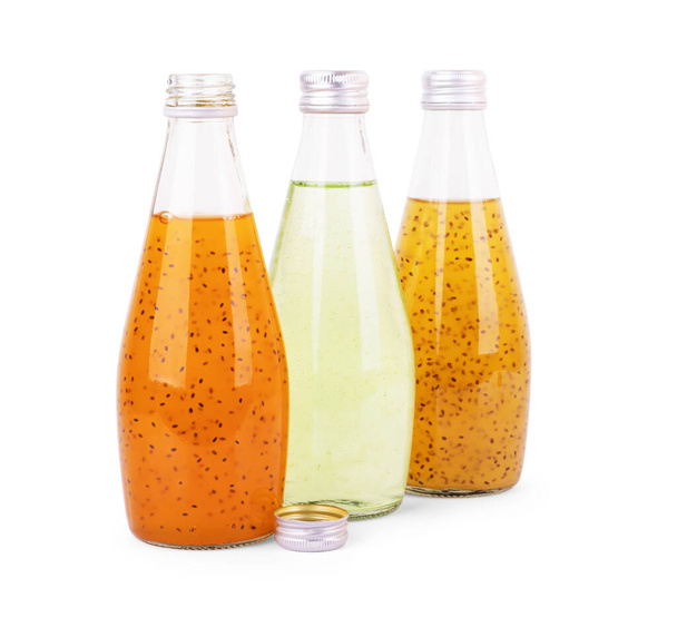 Juice with chia seeds in a bottle on a white background - Fotografie, Obrázek