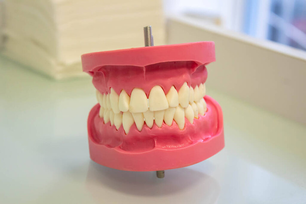 Prothese aus Kunststoff für Ober- und Unterkiefer auf einem weißen Tisch in einer Zahnklinik. Zahnarzt-Konzept. Frontansicht - Foto, Bild