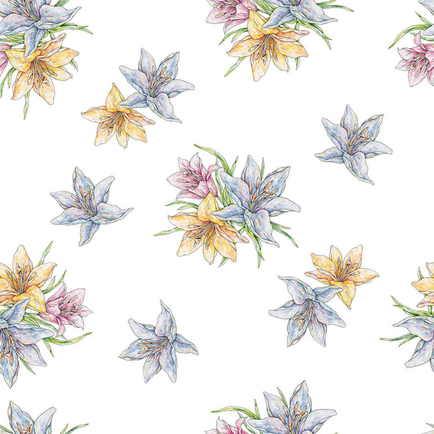 Orange pink blue lily flowers isolated on white background. Watercolor handwork illustration. Draw of blooming lily. Seamless pattern with lilies for design. - Photo, image