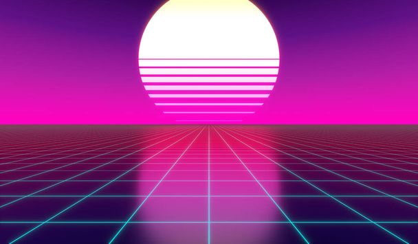 Retro 3D violeta e rosa, design futurista dos anos 80 - sol e grade. - Foto, Imagem