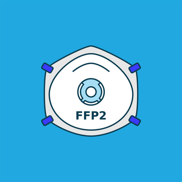 Atemschutzmaske FFP2. Coronavirus oder Staubschutz. Farbiges Symbol auf blauem Hintergrund. Atemschutzgerät, Filtration von Partikeln in der Luft. Vektorillustration, flach, Umriss, Clip Art - Vektor, Bild