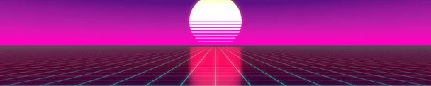 3Dバイオレットとピンクのレトロで未来的な80年代のデザイン-太陽とグリッド. - 写真・画像