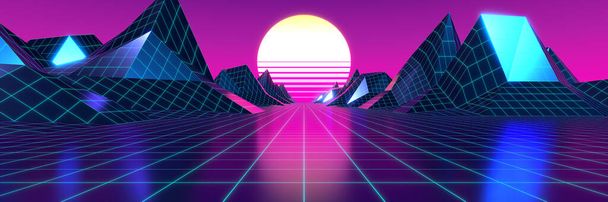 3Dバイオレットとピンクのレトロで未来的な80年代のデザイン-太陽、グリッドと山 - 写真・画像