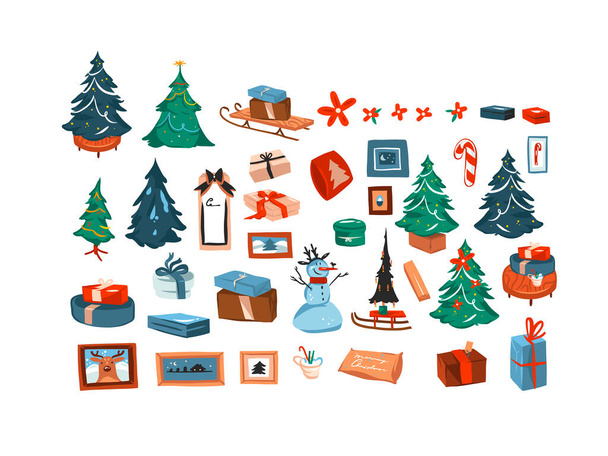 Dibujado a mano vector abstracto divertido stock plana Feliz Navidad, y feliz año nuevo colección de dibujos animados conjunto paquete con ilustraciones de elementos de decoración al aire libre e interior aislados sobre fondo blanco - Vector, Imagen