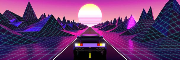 3D violeta y rosa retro, futurista diseño de los años 80 - coche en una carretera - Foto, imagen