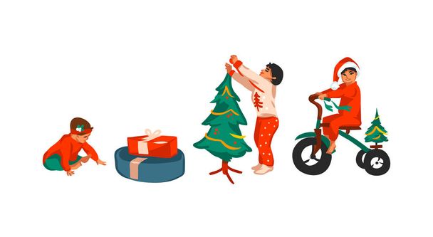 Χειροποίητο διάνυσμα αφηρημένη διασκέδαση απόθεμα επίπεδη Καλά Χριστούγεννα, και Ευτυχισμένο το Νέο Έτος καρτούν εορταστική κάρτα με χαριτωμένες εικόνες των Χριστουγέννων μικρά παιδιά συλλογή που απομονώνονται σε λευκό φόντο - Διάνυσμα, εικόνα