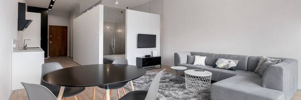 Panorama of modern open plan apartment, with kitchen, dining area and living room with tv in one room and bedroom behind glass doors - Photo, Image