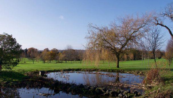 15 november 2020 - Engeland Verenigd Koninkrijk: Uitzicht op golfbaan met vijver op de voorgrond - Foto, afbeelding