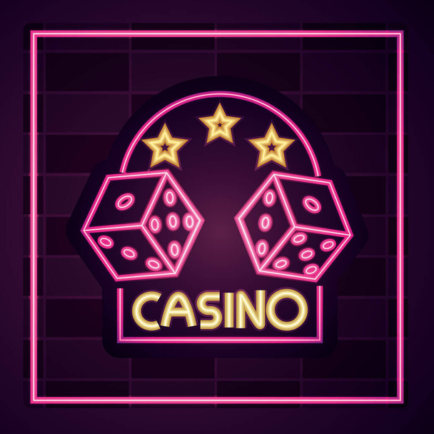 casino, dados juego bandera letrero de neón en la pared de ladrillo - Vector, imagen