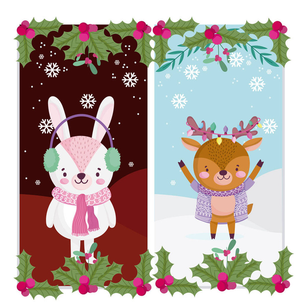 Feliz Navidad, reno lindo y conejo con luces de bufanda y tarjetas de felicitación de baya de acebo - Vector, Imagen
