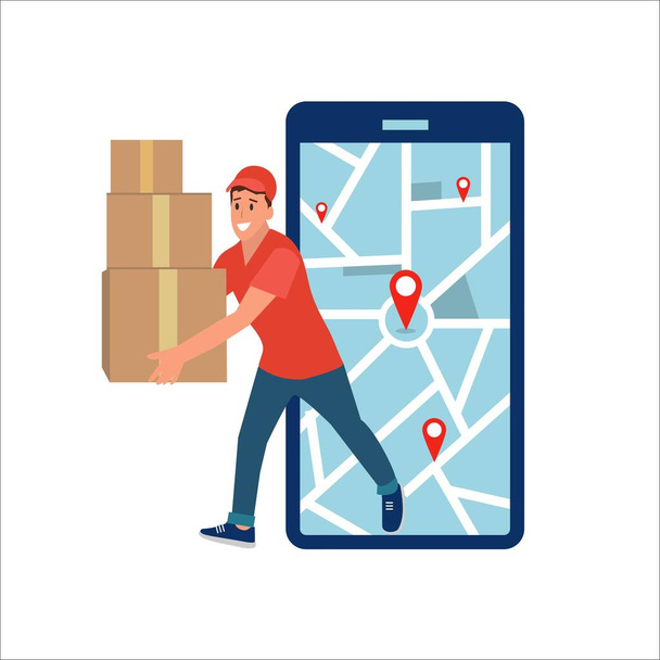 Entrega hombre sosteniendo cajas de cartón listo para la entrega Compras en línea y concepto de entrega expresa. - Vector, Imagen