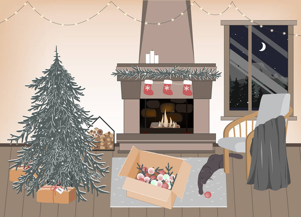 Nieuwjaar voorbereiding interieur, vector illustratie. Lege Kerstkamer met feestelijke sfeer. Thuis gezelligheid, Scandinavische Kerstmis, wintervakantie hygge. Kerstboom en open haard - Vector, afbeelding