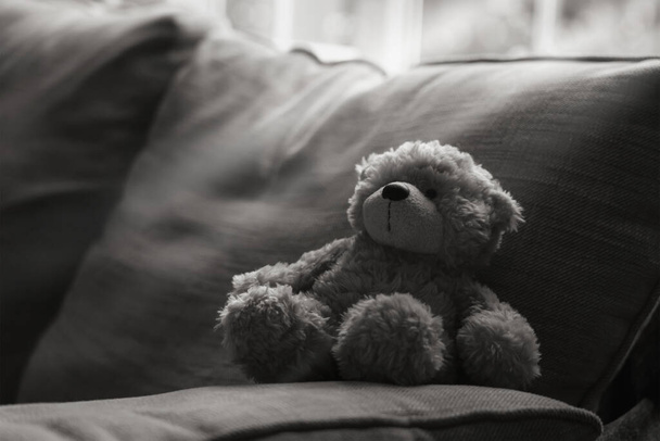 Dramatická fotka medvídka sedí na pohovce v tmavém pokoji, slunce svítí z okna, nízký záběr osamělého medvídka sedí sám v obýváku, mezinárodní den pohřešovaných dětí  - Fotografie, Obrázek