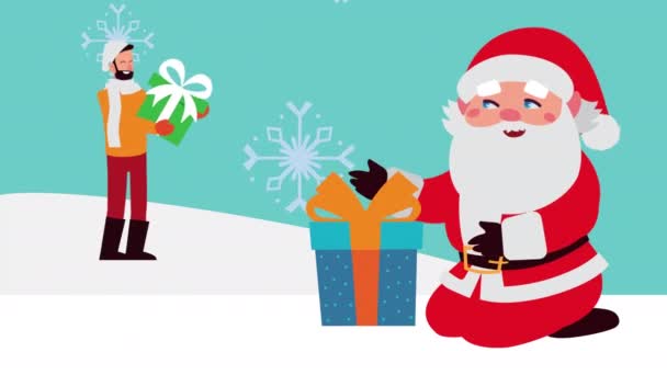 gelukkig vrolijk kerstfeest animatie met man ans santa claus in snowscape - Video