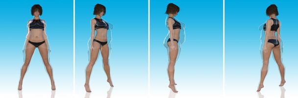 Gordura conceitual obeso obeso fêmea vs magro ajuste corpo saudável após a perda de peso ou dieta com músculos magro jovem mulher em azul. Fitness, nutrição ou gordura obesidade, forma de saúde ilustração 3D - Foto, Imagem
