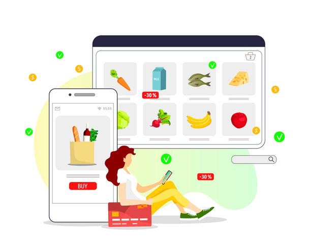 shopping online with credit card in grocery store - Vector, Image