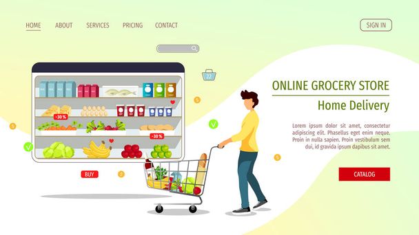 shopping online with credit card in grocery store - Vector, Image
