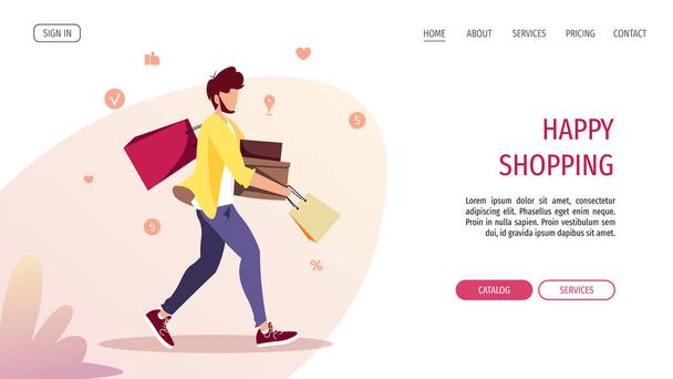 Man with purchases. Online Shopping, Store, E-commerce, Sale concept. Vector illustration for poster, banner, commercial, promo. - Vector, Image