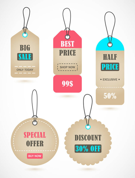 Vector stickers, price tag, banner, label. Coupon sale, offers and promotions vector template. - Vektör, Görsel