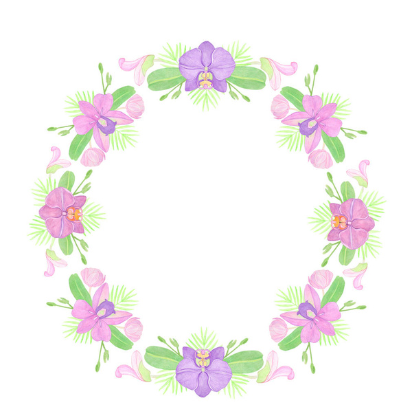 Round wreath with watercolor orchid floral elements with flowers and leaves . Botanical for invitation card and decor - Valokuva, kuva