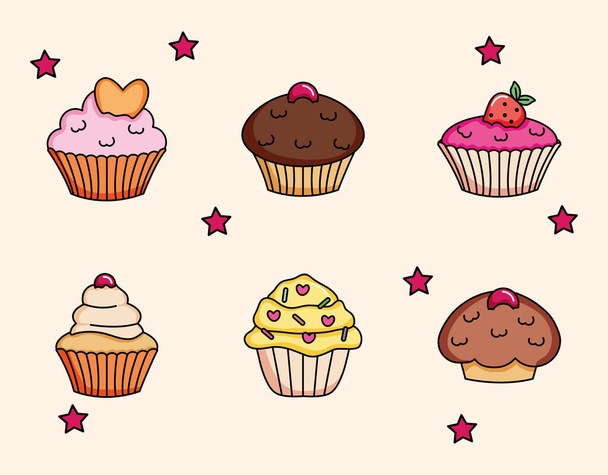 conjunto de ícones de cupcakes, design colorido - Vetor, Imagem