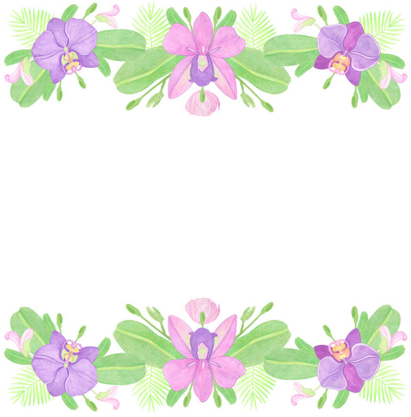 Watercolor frame border orchid elements with flowers and leaves - Fotó, kép