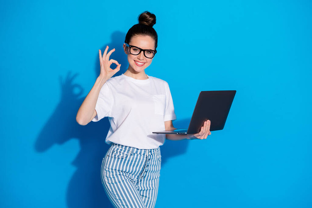 Portrait of nice attractive pretty smart clever skilled cheerful girl holding in hand laptop part-time home-based job showing ok-sign isolated on bright vivid sine vibrant blue color background - Fotografie, Obrázek