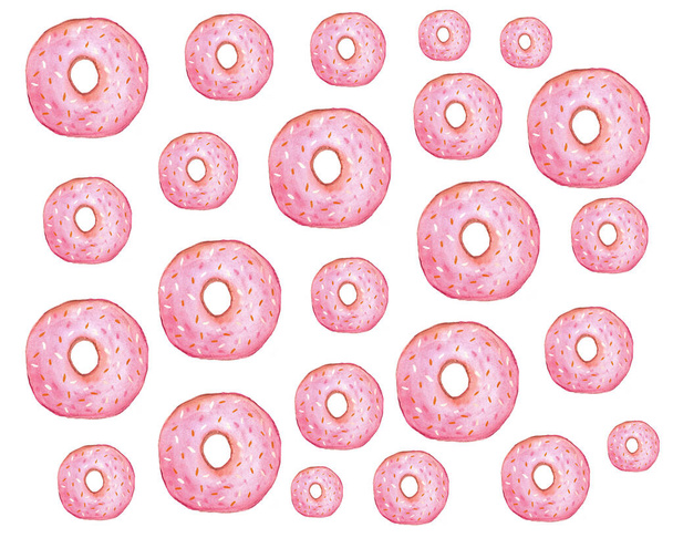 Pink sweet donuts watercolor greeting card. Sweet set watercolor menu. Valentine's Day. 14th of February. Happy Birthday! Sweet food - 写真・画像