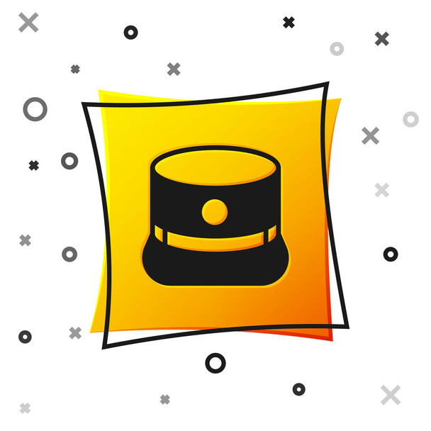 Black Kepi icon isolated on white background. Cap army uniform headgear. Historic general hat. Yellow square button. Vector. - Vector, Image